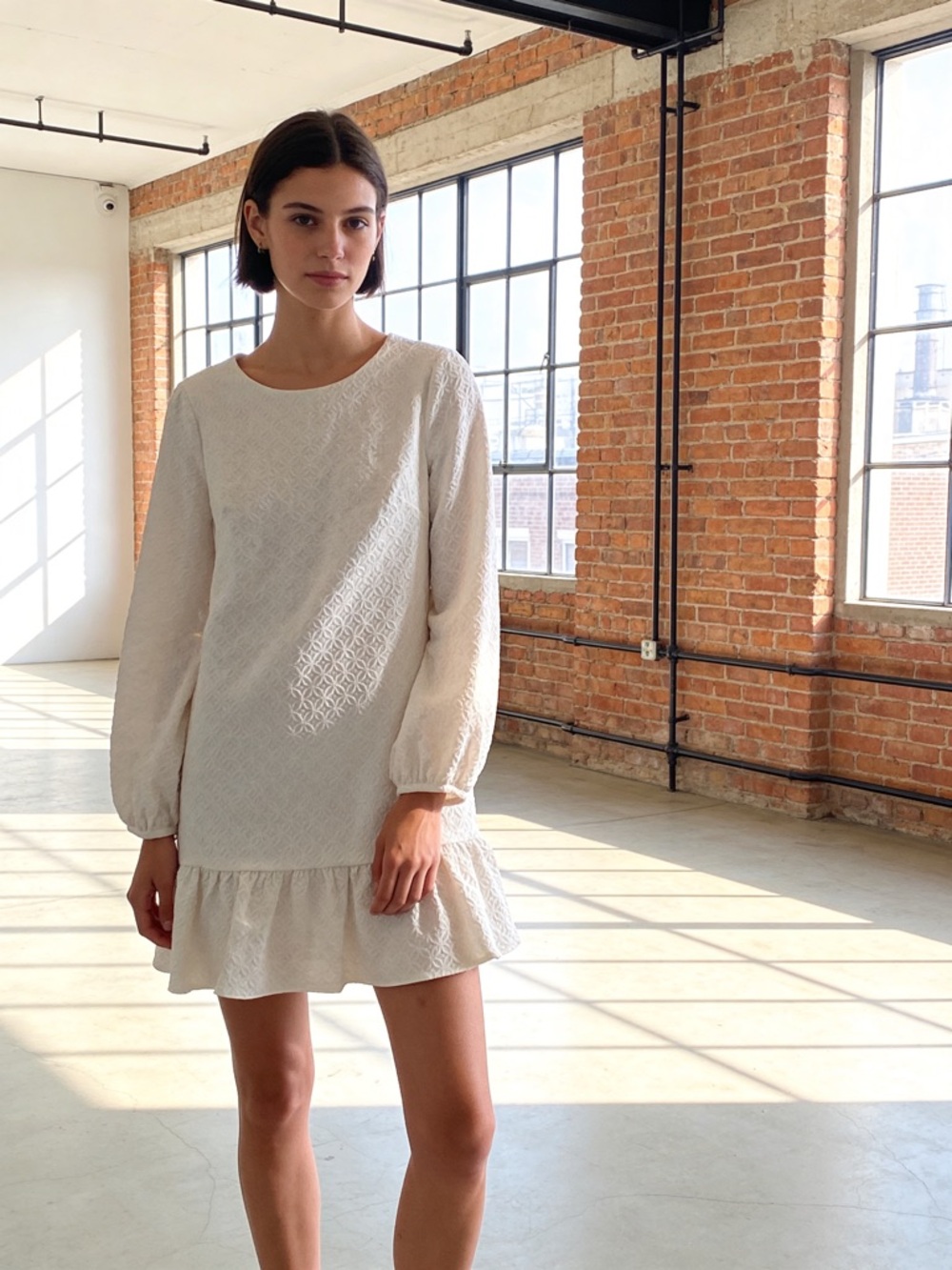 Tommy Hilfiger Cream Textured Ruffle-Hem Mini Dress